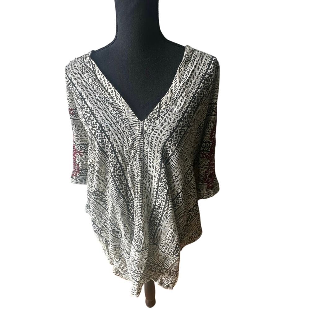 Free People Flowy Dress/Poncho with Black Pattern & Red Embroidery